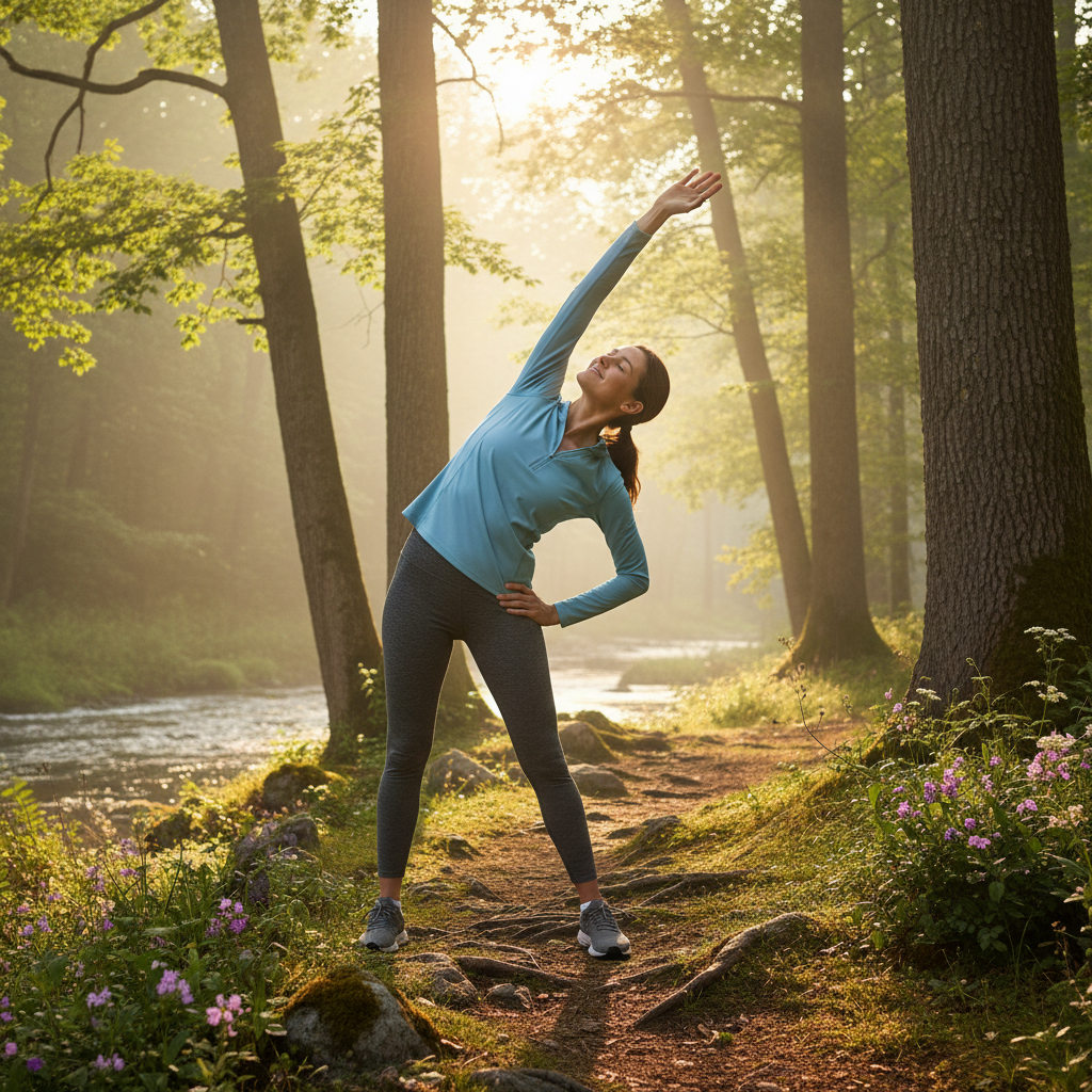 Person stretching gently in a natural outdoor environment