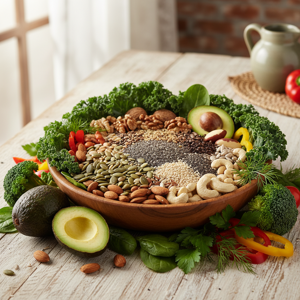Natural foods including seeds, nuts and green vegetables representing essential nutrients