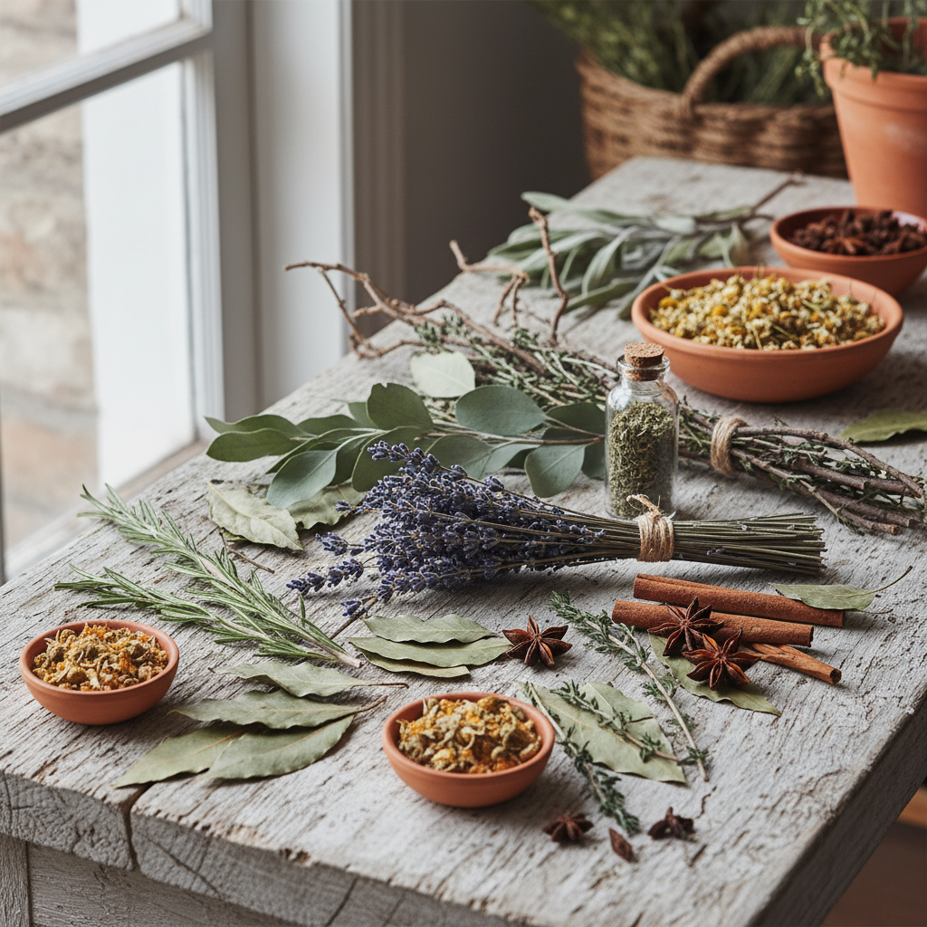 Collection of dried herbs and botanical plants arranged on natural surface