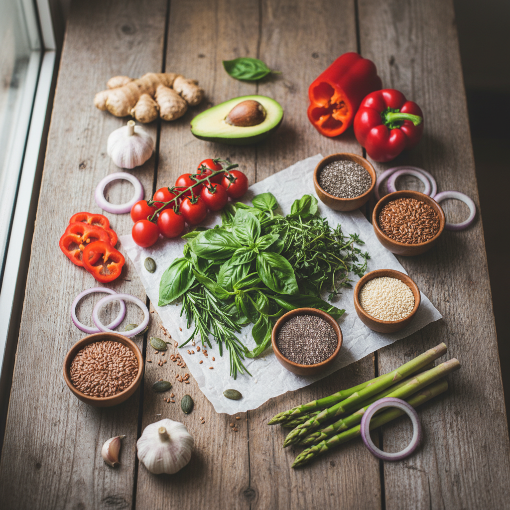 Assortment of natural food ingredients including herbs, seeds and vegetables